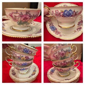 Castleton China Four 4 Tea Cups & Saucer Phoenix USA Gold Teacup Scalloped Edge